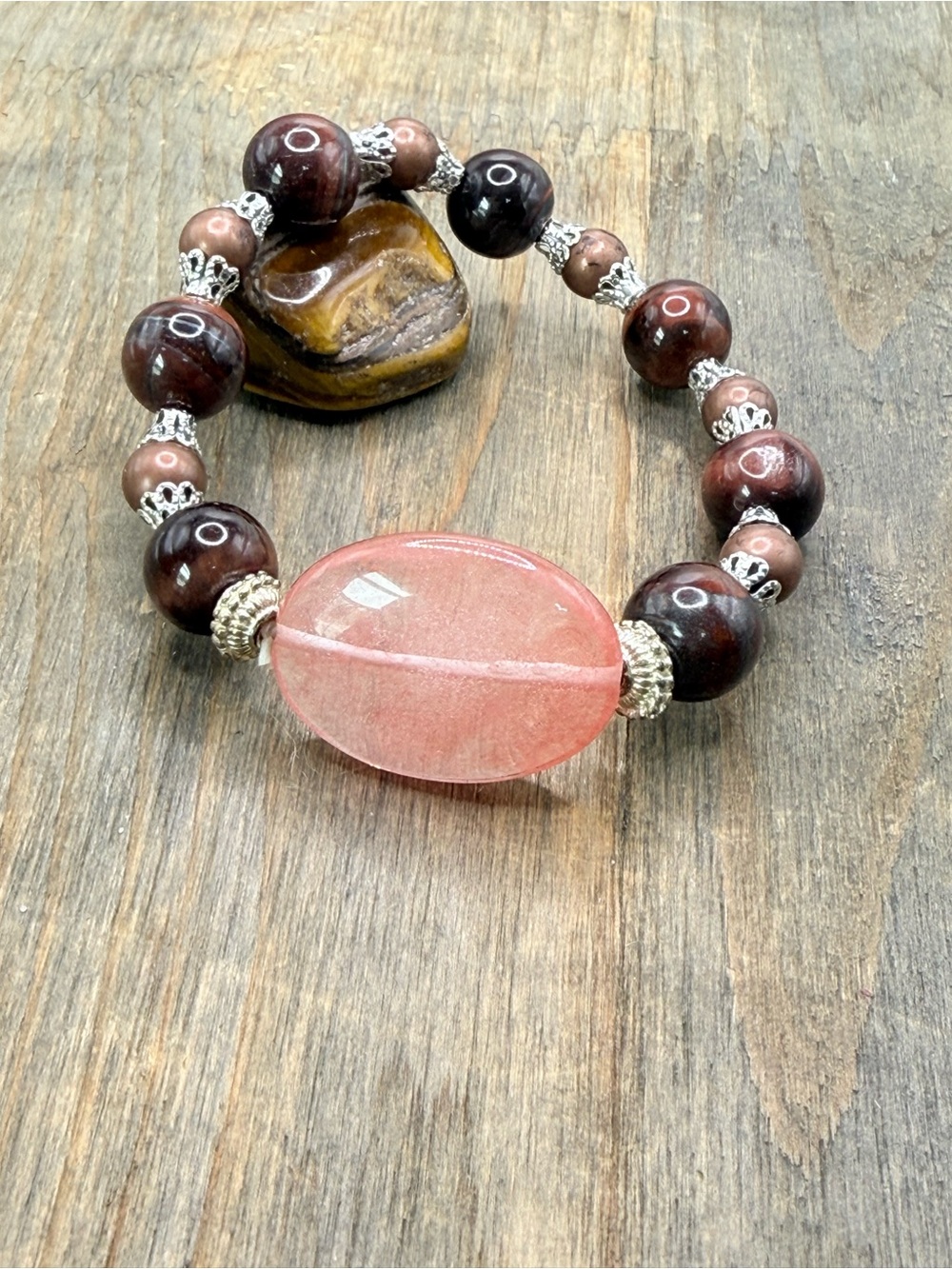 Chunky Pink Oval Cherry Quartz Focal & Brown Tiger eye Bead Stretch Bracelet
